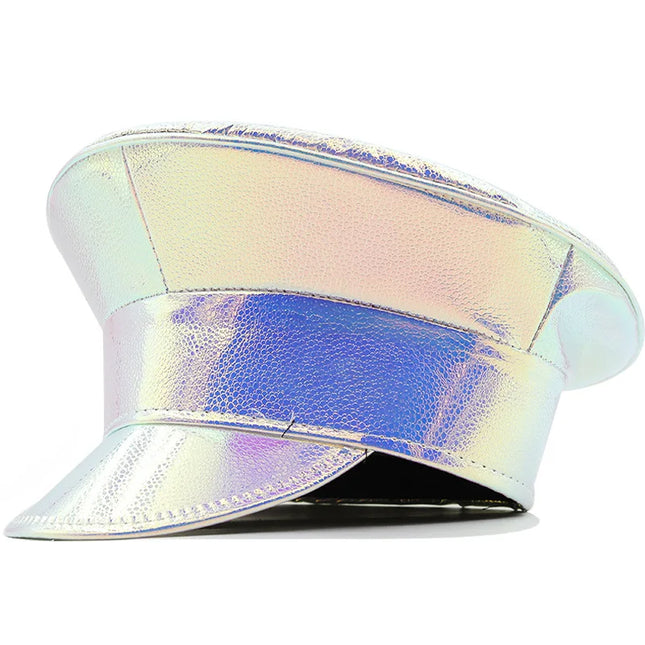 Women Men PU Leather Captain Cap Rainbow Laser Patent Leather Military Hat Prom Performance Bar Cosplay Show Hat Beret Cap