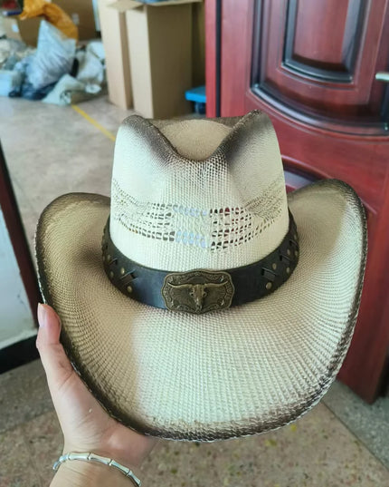 Hand-painted Western Cowboy hat Bronze green hat for men women Large Brim stiff straw hat summer sombrero vaquero hombreковбойс