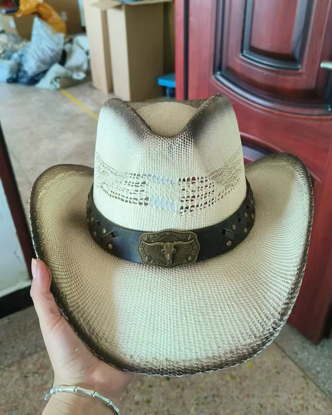 Hand-painted Western Cowboy hat Bronze green hat for men women Large Brim stiff straw hat summer sombrero vaquero hombreковбойс