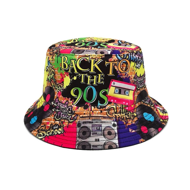 80s 90s Vintage Fishing Hat for Women Men Breathable Colorful Print Cap Sun Protective Hat Double-side Hiphop Bucket Hat