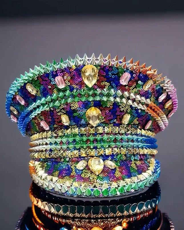 HongLuan Rainbow Bling Captain Hat Rhinestone Woman Sparkly Steampunk Military Caps for Burning Man Coachella Music Festival