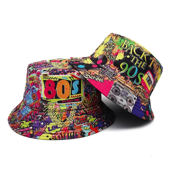 80s 90s Vintage Fishing Hat for Women Men Breathable Colorful Print Cap Sun Protective Hat Double-side Hiphop Bucket Hat