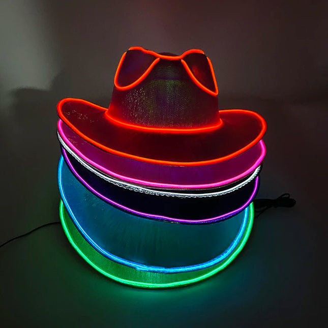 LED Western Cowboy Hat Cowgirl Hat Retro EL Wire Light Brim Jazz Top Hat Bride Cowboy Hat Cosplay Cowboy Costume For Women Men