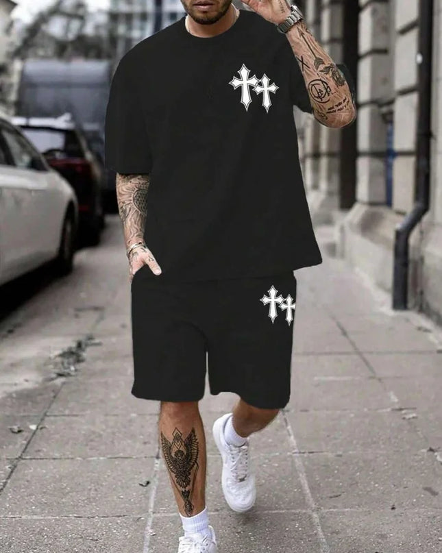2-piece Vintage Printed Men's Short Sleeve Shorts Set Summer Casual Everyday Men's T-shirt Outdoor Sports Men's Beach Shorts