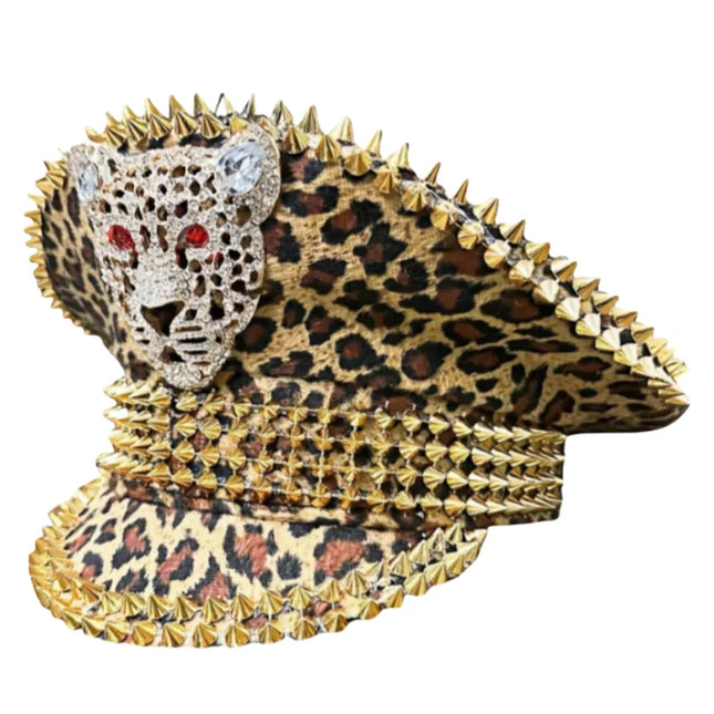 Leopard Print Head Festival Captain Hat Rock Steampunk Military Cap Handmade Masquerade Headwear Music Festival Bride Party Hat