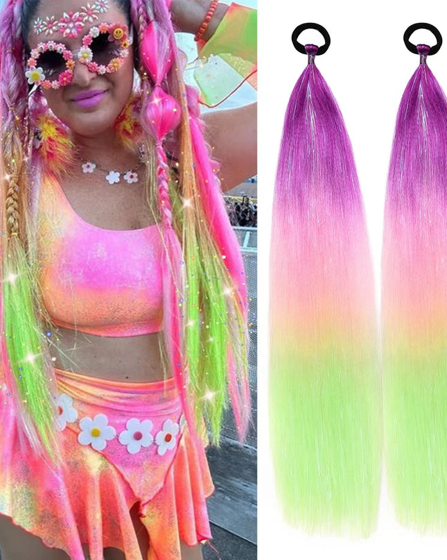2pcs Synthetic Hair Extensions Ombre Braid Ponytail Blend Hair Tinsels with Hair Tie Crazy Hair Day Accessories For Women Girls