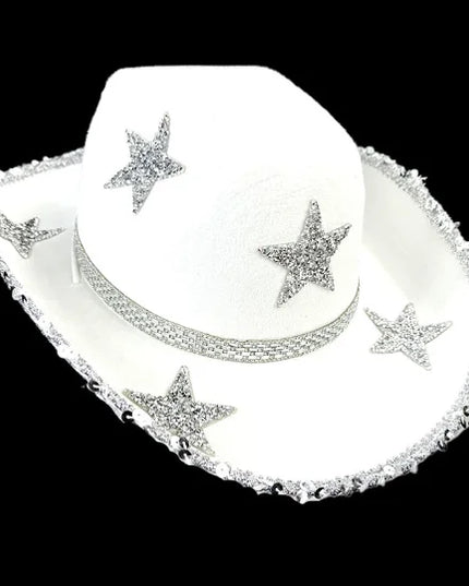Women Rhinestone Star Cowgirl Hat Wide Brim Diamond Glitter Western Hat Cowgirl Cap for Wedding Music Costume Party