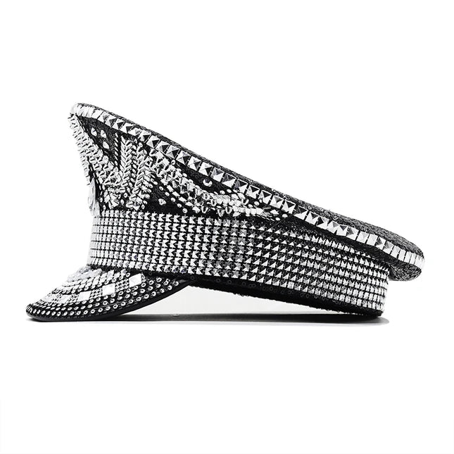 Luxury Rhinestone Women Wedding Bride Captain Hat Black Military Hat Sergeant Hat Hen Festival Birthday Part Hat