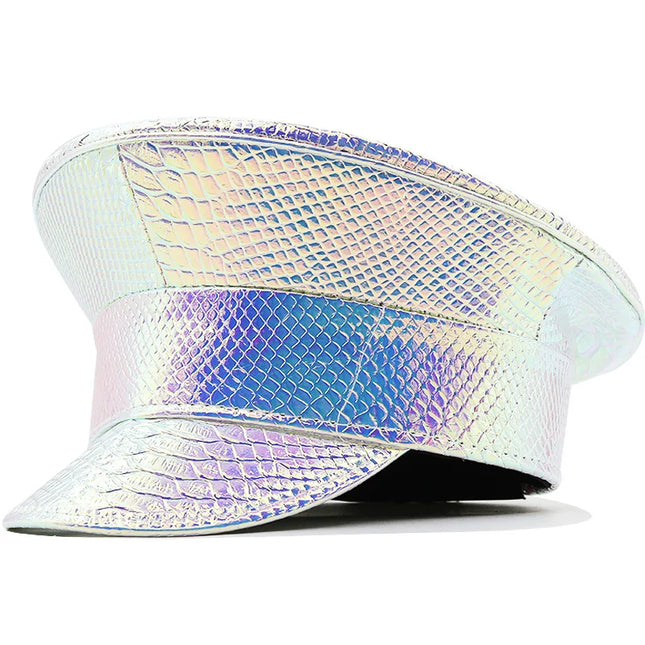 Women Men PU Leather Captain Cap Rainbow Laser Patent Leather Military Hat Prom Performance Bar Cosplay Show Hat Beret Cap
