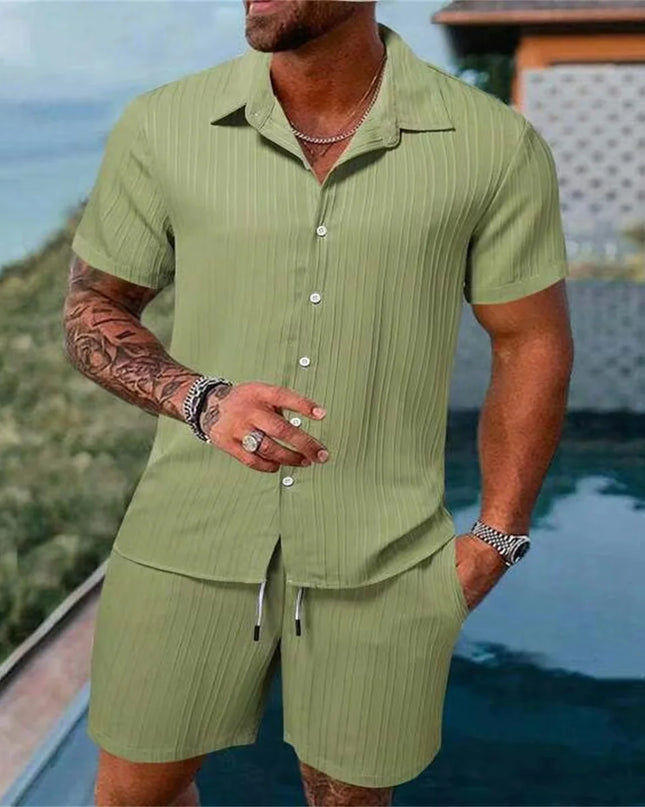 2024 New style Summer Men's Fashion Beach Suit Outdoor Sports Casual Shirt Solid color Loose Short Sleeve Shorts Beach two-piece