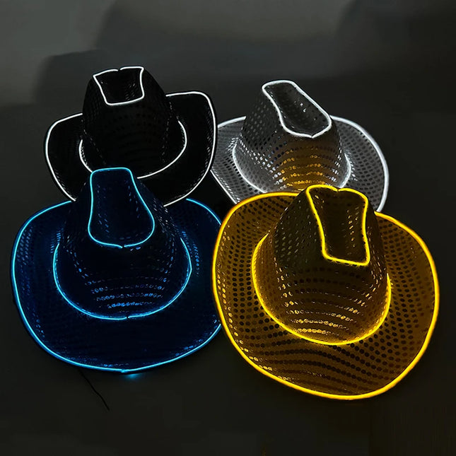LED Western Cowboy Hat Cowgirl Hat Retro EL Wire Light Brim Jazz Top Hat Bride Cowboy Hat Cosplay Cowboy Costume For Women Men