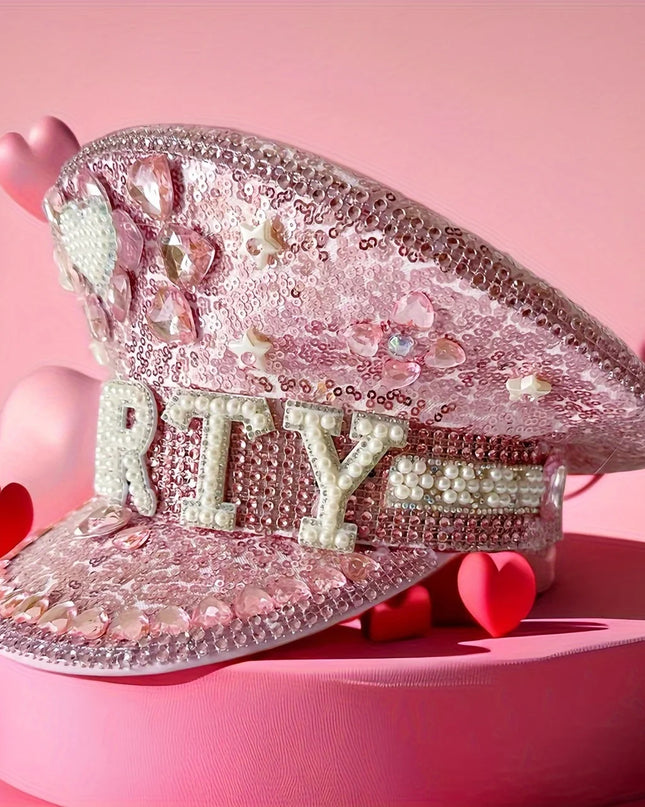 Burning Man Steampunk Captain Hat Diamond Bridal Hat, Burning Man, Pink Heart, Bridal Tiara, Luxury Holiday Party, Festival
