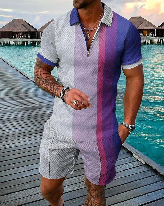 3D Digital Printed Men's 2 Piece Sets Polo Shirt+Shorts Streetwear Casual Short Sleeve Zipper Shirt Male Beach Trunks Men Outfit
