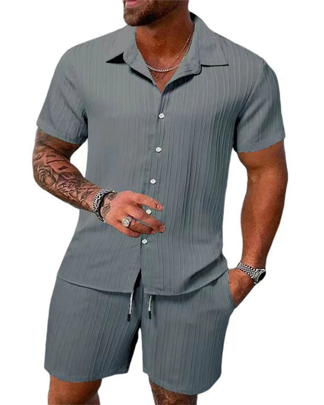 2024 New style Summer Men's Fashion Beach Suit Outdoor Sports Casual Shirt Solid color Loose Short Sleeve Shorts Beach two-piece