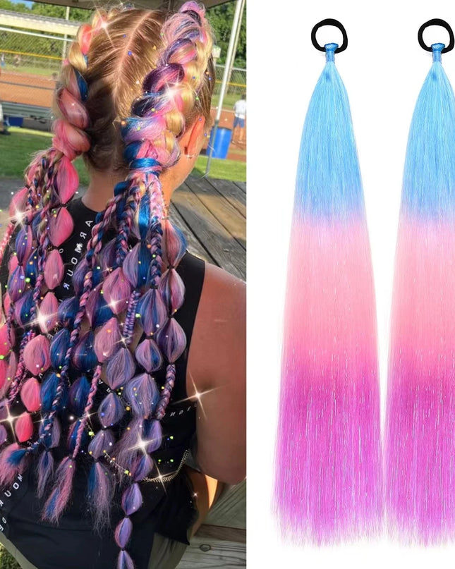 2pcs Synthetic Hair Extensions Ombre Braid Ponytail Blend Hair Tinsels with Hair Tie Crazy Hair Day Accessories For Women Girls