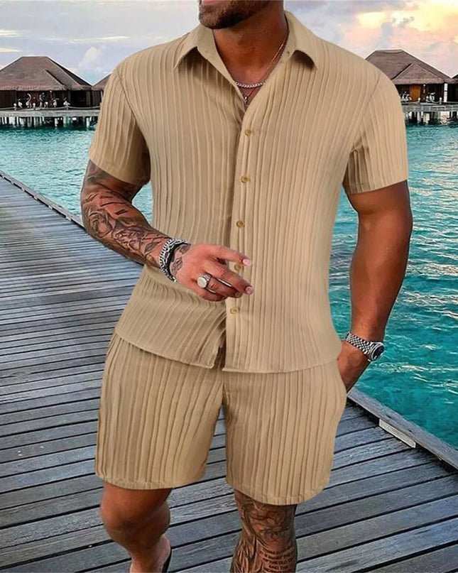 2024 New style Summer Men's Fashion Beach Suit Outdoor Sports Casual Shirt Solid color Loose Short Sleeve Shorts Beach two-piece