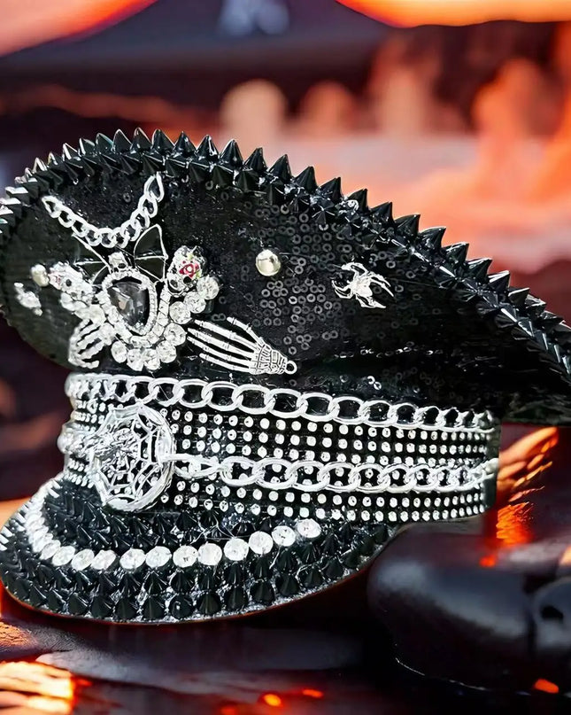 Burning Man Multi-style Black Halloween Steampunk with Chain Spider Web Skull Studded Cap Halloween Hat Hallloween decorations