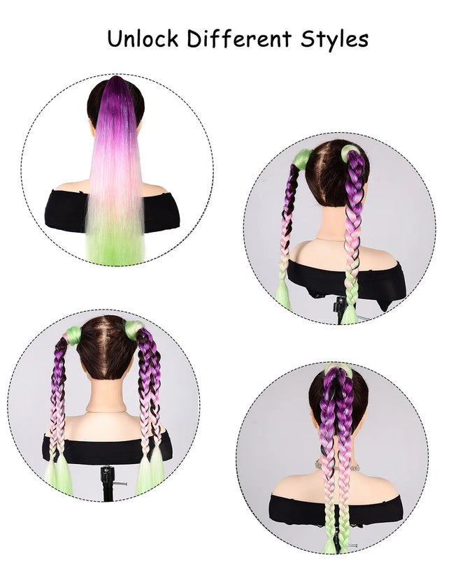 2pcs Synthetic Hair Extensions Ombre Braid Ponytail Blend Hair Tinsels with Hair Tie Crazy Hair Day Accessories For Women Girls