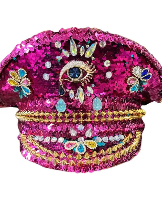 One-Eyed Sequined Navy Hat for Bachelorette Party, Rainbow Rhinestone and Gold Stud, Red, Wedding, Cruise Ship, Bars，Festival