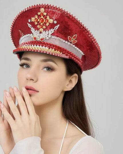 HongLuan Vintage Sparkle Red Captain Hat Rhinestone for Women,Burning Man Military Cap&Hats Luxury Woman