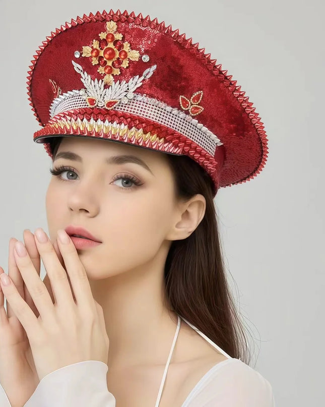 HongLuan Vintage Sparkle Red Captain Hat Rhinestone for Women,Burning Man Military Cap&Hats Luxury Woman