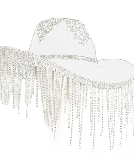 Rhinestones Tassels Hat for Women Teens Girl Breathable Wide Brim BeachSun Hat Music Festival Hat Bachelorette Party Cap