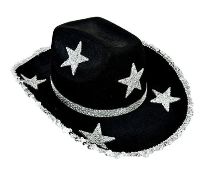 Women Rhinestone Star Cowgirl Hat Wide Brim Diamond Glitter Western Hat Cowgirl Cap for Wedding Music Costume Party