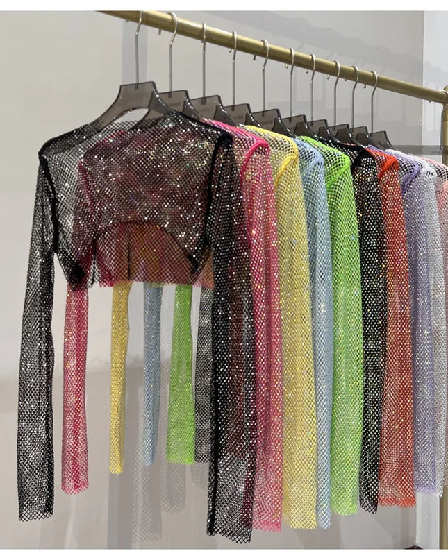2023 new sexy bright diamond short top Slim thin Ms. hot drill long-sleeved T-shirt sexy leak waist nightclub
