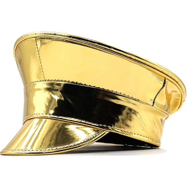 Women Men PU Leather Captain Cap Rainbow Laser Patent Leather Military Hat Prom Performance Bar Cosplay Show Hat Beret Cap