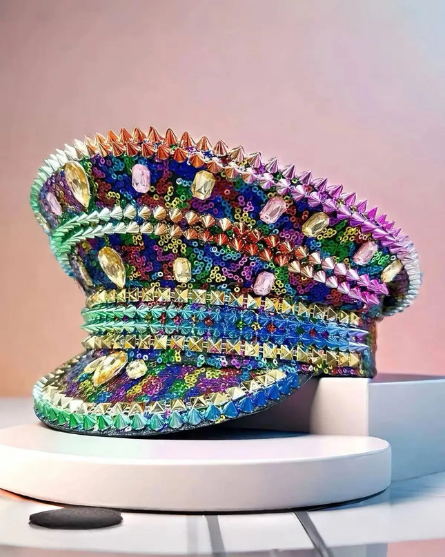 HongLuan Rainbow Bling Captain Hat Rhinestone Woman Sparkly Steampunk Military Caps for Burning Man Coachella Music Festival