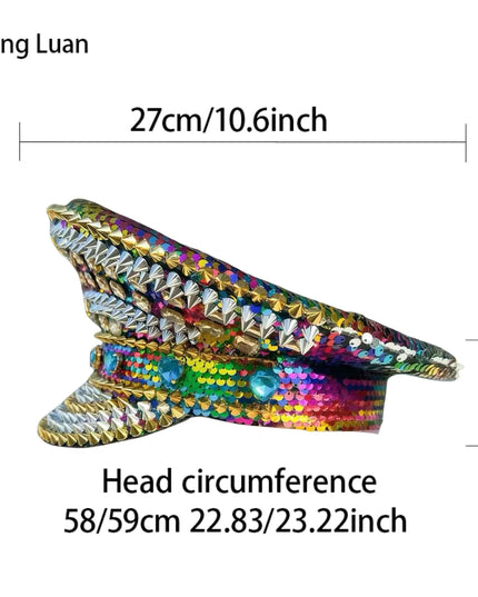 HongLuan Golden Bling Captain Hat Rhinestone for Woman - Luxury Colorful Steampunk Military Cap for Burning Man Music Festival