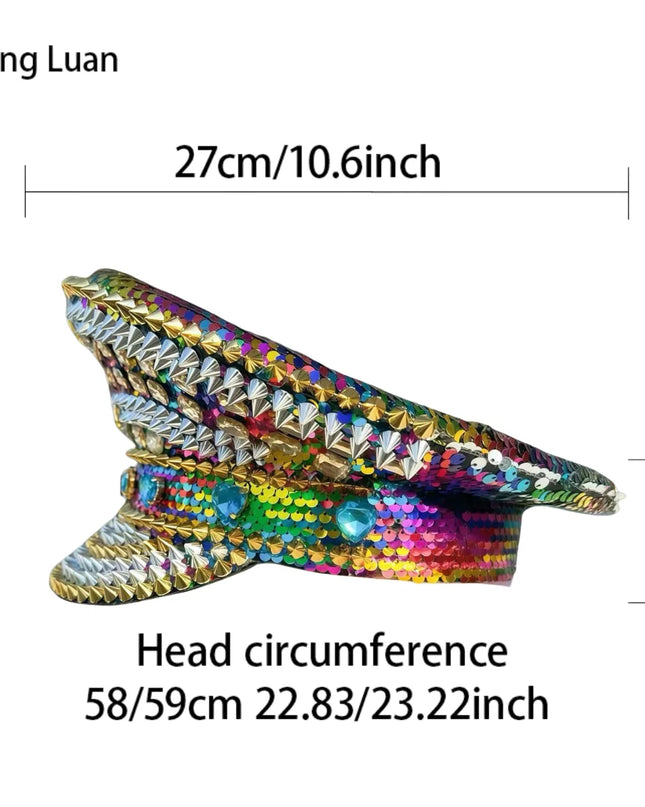 HongLuan Golden Bling Captain Hat Rhinestone for Woman - Luxury Colorful Steampunk Military Cap for Burning Man Music Festival
