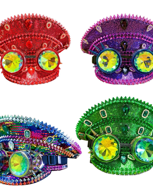 Burning Man Steampunk Captain hat badge glasses sparkle gemstone rhinestone sequined cap,bachelorette party favors halloween