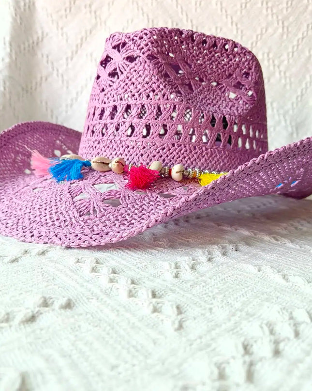 New Purple 2024 Cowboy Straw Hat Hand-woven Hollow Men's and Women's Summer Sun Hat Jazz Straw Hat Western Cowboy Hat sombrero