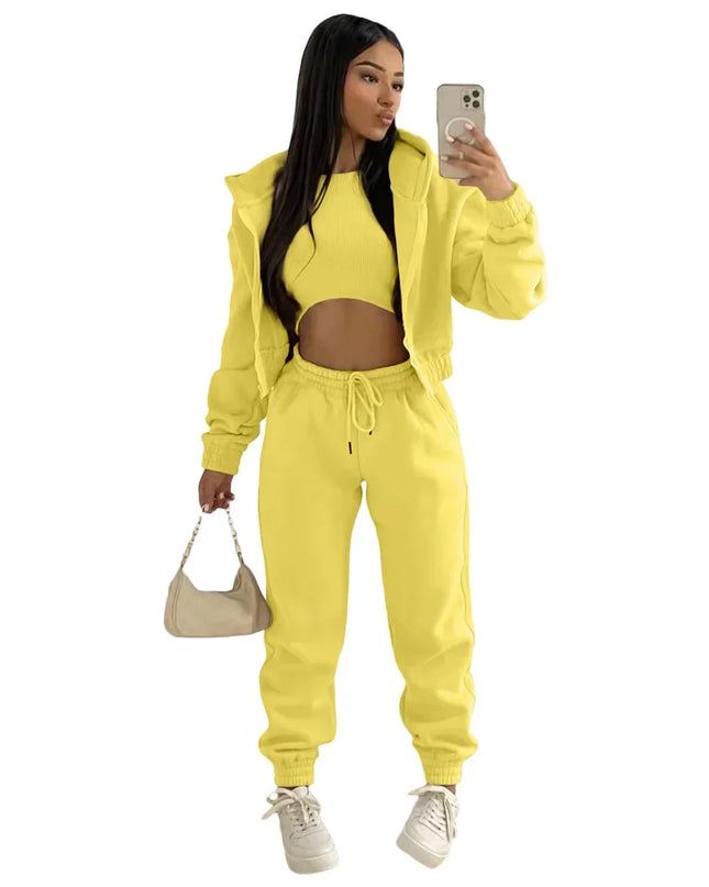 3pcs Women's Clothing Set Fleece-lined Hooded Sweater &Sleeveless Tank Top & Sports Sweatpants Pants