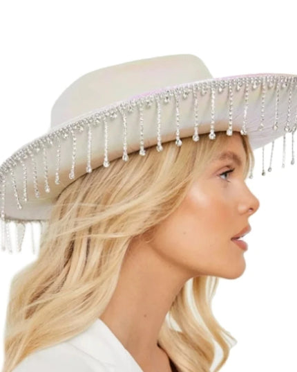 Rhinestones Tassels Hat for Women Teens Girl Breathable Wide Brim BeachSun Hat Music Festival Hat Bachelorette Party Cap