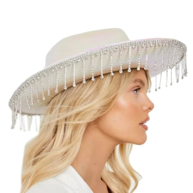 Rhinestones Tassels Hat for Women Teens Girl Breathable Wide Brim BeachSun Hat Music Festival Hat Bachelorette Party Cap