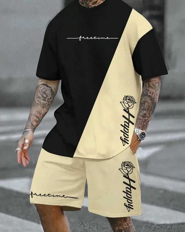 2-piece Vintage Printed Men's Short Sleeve Shorts Set Summer Casual Everyday Men's T-shirt Outdoor Sports Men's Beach Shorts