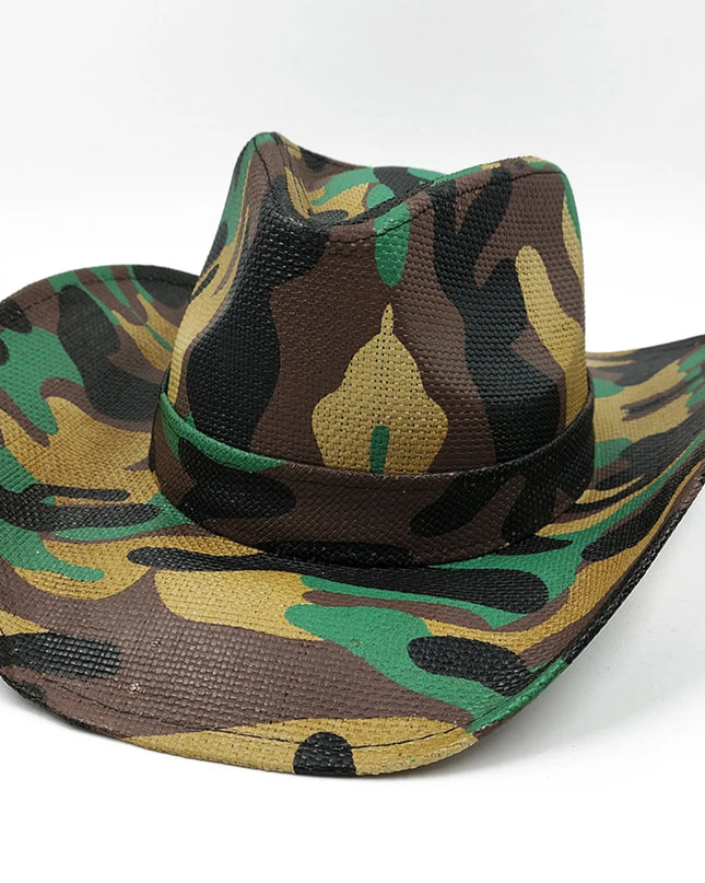 Army Green Camo Cowboy Hat Straw Hat Star Jazz Straw Hat Panama Paper Grass Western United States Cowboy Hat Fashion Travel