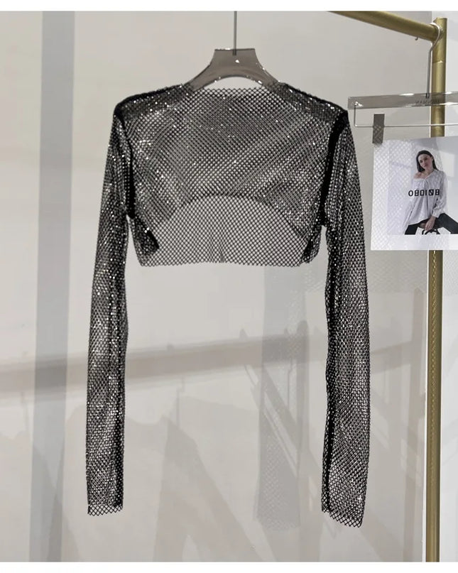 2023 new sexy bright diamond short top Slim thin Ms. hot drill long-sleeved T-shirt sexy leak waist nightclub