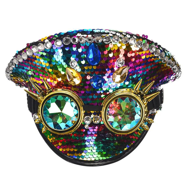 Corzzet Luxury Silver Sequined & Diamonds Club Party Rave Rock Cosplay Accessories Steampunk Military Hat Masquerade Costumes