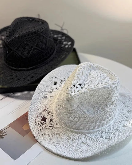 New Western Cowboy Hats for Women Men Classic Vintage Hollow Out Unisex Curled Wide Brim Sun Hat Fishing Hat Climbing Straw Cap