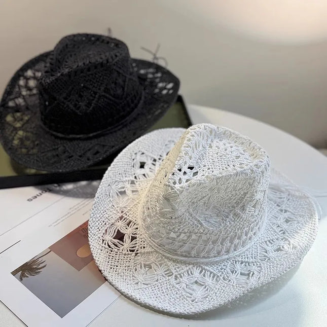 New Western Cowboy Hats for Women Men Classic Vintage Hollow Out Unisex Curled Wide Brim Sun Hat Fishing Hat Climbing Straw Cap