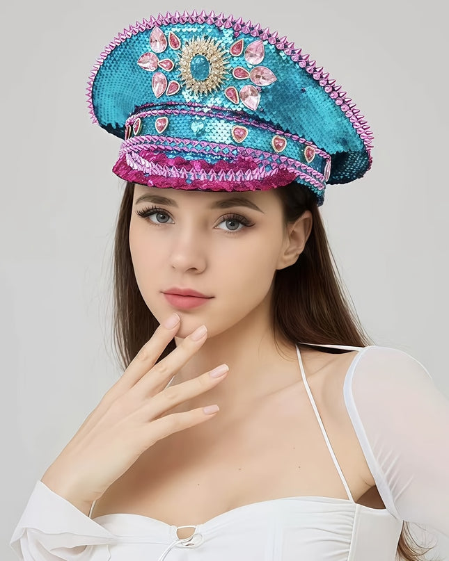 Bling Captain Hat Rhinestone Glitter Military Cap with Blue Sparkles & Badge | Steampunk Festival Hat for Burning for Man, Rave Parties, Music Festivals | Glamorous Costume Accessories for Women & Men