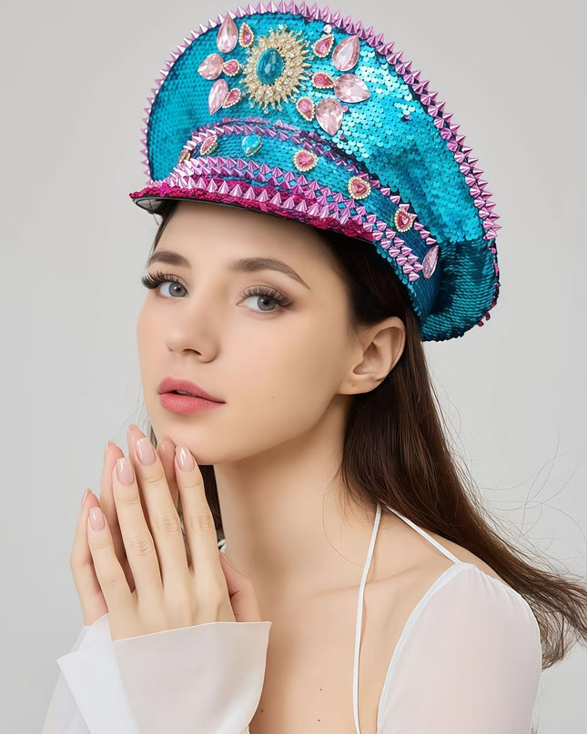 Bling Captain Hat Rhinestone Glitter Military Cap with Blue Sparkles & Badge | Steampunk Festival Hat for Burning for Man, Rave Parties, Music Festivals | Glamorous Costume Accessories for Women & Men