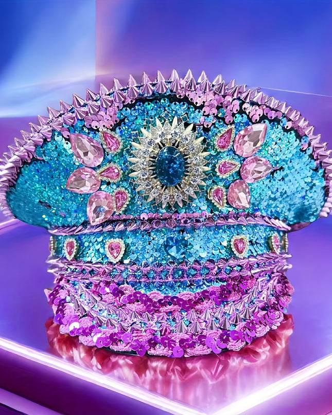 Bling Captain Hat Rhinestone Glitter Military Cap with Blue Sparkles & Badge | Steampunk Festival Hat for Burning for Man, Rave Parties, Music Festivals | Glamorous Costume Accessories for Women & Men