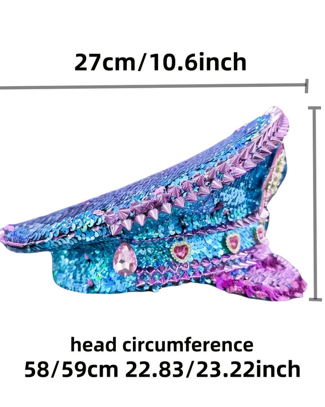 Bling Captain Hat Rhinestone Glitter Military Cap with Blue Sparkles & Badge | Steampunk Festival Hat for Burning for Man, Rave Parties, Music Festivals | Glamorous Costume Accessories for Women & Men