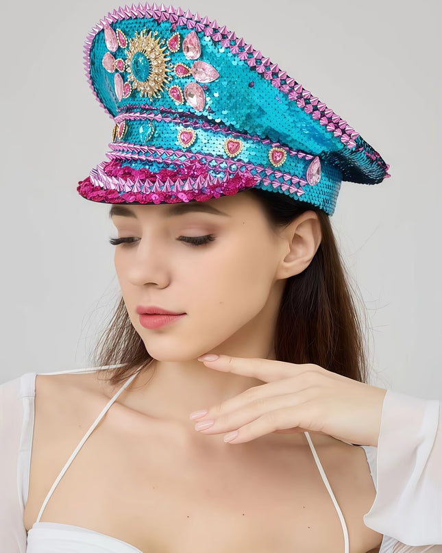 Bling Captain Hat Rhinestone Glitter Military Cap with Blue Sparkles & Badge | Steampunk Festival Hat for Burning for Man, Rave Parties, Music Festivals | Glamorous Costume Accessories for Women & Men