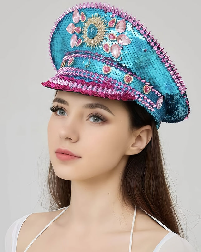 Bling Captain Hat Rhinestone Glitter Military Cap with Blue Sparkles & Badge | Steampunk Festival Hat for Burning for Man, Rave Parties, Music Festivals | Glamorous Costume Accessories for Women & Men